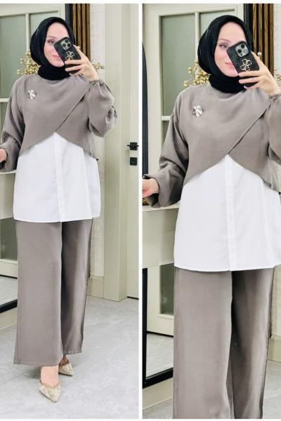 Sude broşlu üçlü takım  Taş Rengi