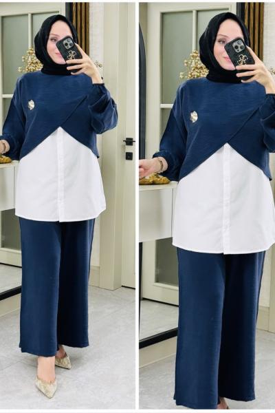 Sude broşlu üçlü takım  Lacivert