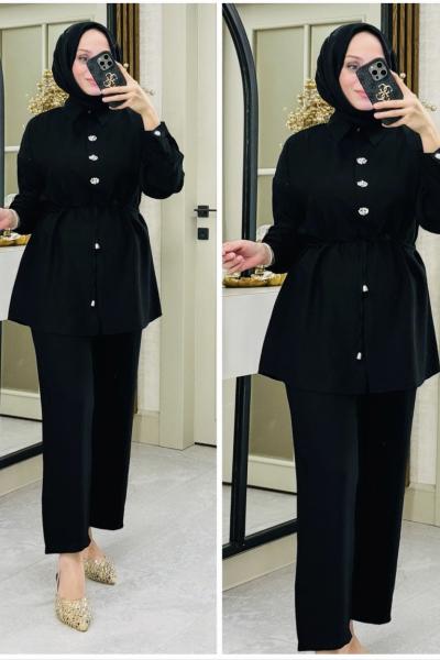 Sena önü taşlı takım Siyah