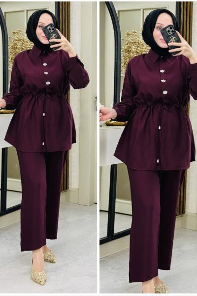 Sena önü taşlı takım Bordo