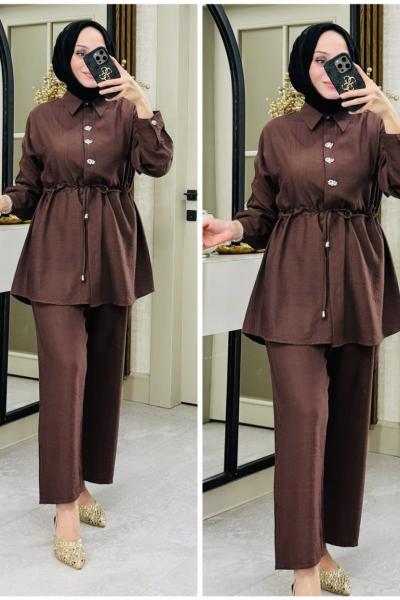 Sena önü taşlı takım Kahverengi