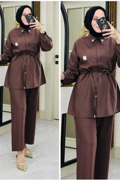 Zülal broşlu takım Kahverengi