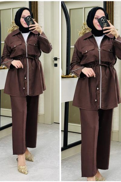 Melek kol fermuarlı takım Kahverengi