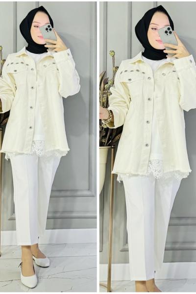 METAL DETAYLI KOT CEKET Ekru