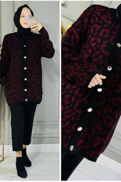 Betül leopar triko hırka Bordo