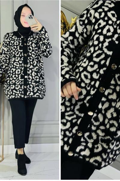 Betül leopar triko hırka Ekru