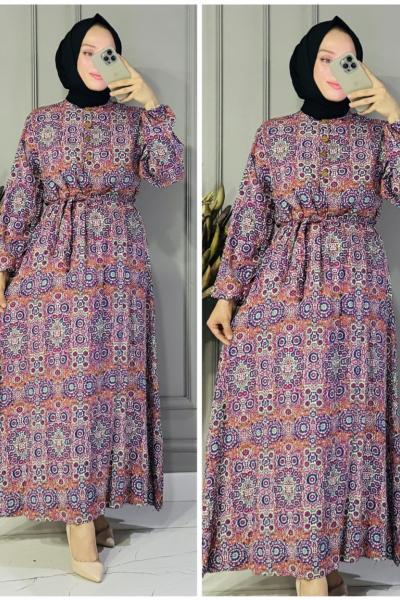 Nurgül düğmeli viskon elbise Pembe