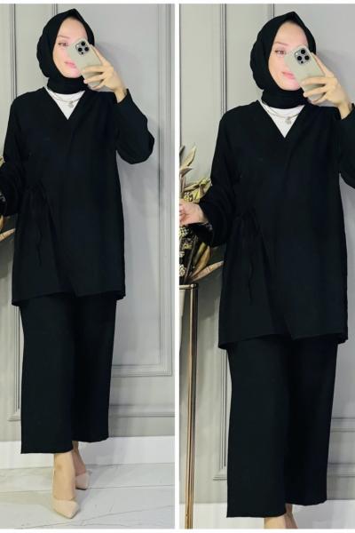 Aybike bağlamalı çilek kumaş takım Siyah