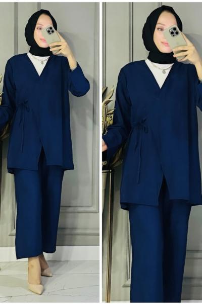 Aybike bağlamalı çilek kumaş takım Lacivert