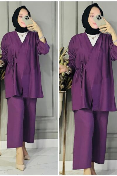 Aybike bağlamalı çilek kumaş takım Mor