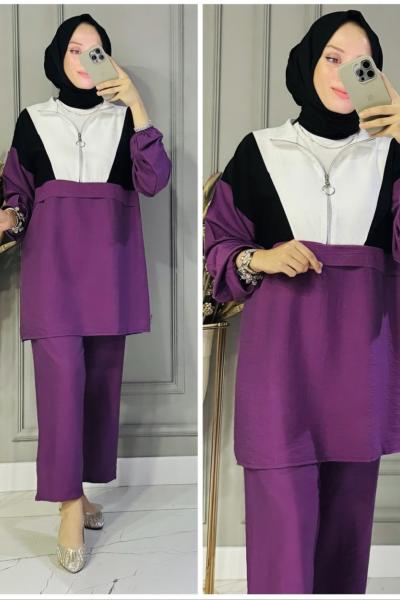 Selma çilek kumaş ikili takım Mor