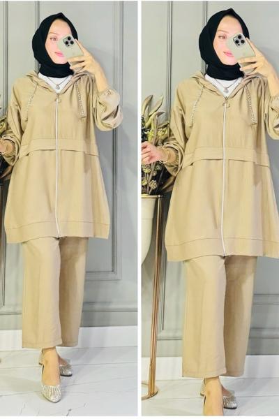 Deniz çilek kumaş ikili takım Bej