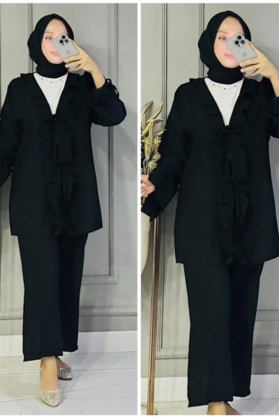 Tuana bağcıklı çilek kumaş takım Siyah