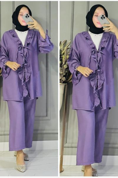 Tuana bağcıklı çilek kumaş takım Lila