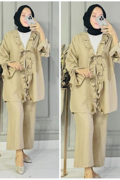 Tuana bağcıklı çilek kumaş takım Bej