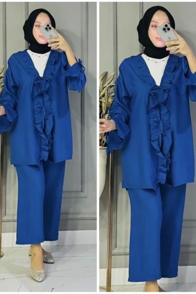 Tuana bağcıklı çilek kumaş takım Mavi