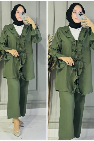 Tuana bağcıklı çilek kumaş takım Haki