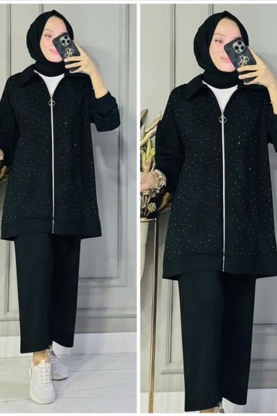 Damla fermuarlı taşlı oysho takım Siyah