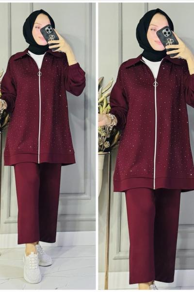 Damla fermuarlı taşlı oysho takım Bordo