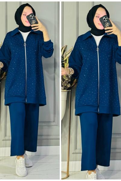 Damla fermuarlı taşlı oysho takım Lacivert