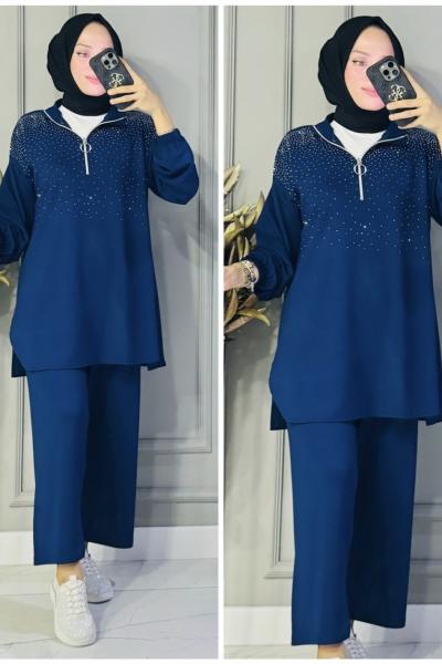 Ferda yarım fermuarlı taşlı oysho takım Lacivert