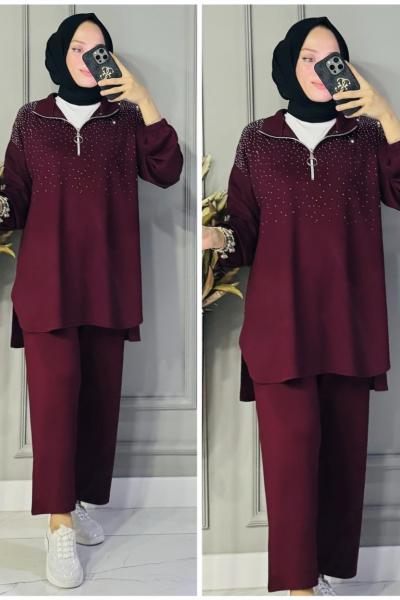 Ferda yarım fermuarlı taşlı oysho takım Bordo