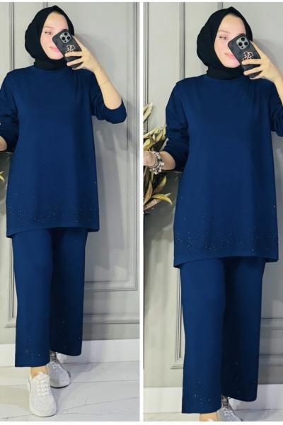 Sanem paça ve ön taşlı oysho takım Lacivert