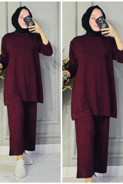 Sanem paça ve ön taşlı oysho takım Bordo