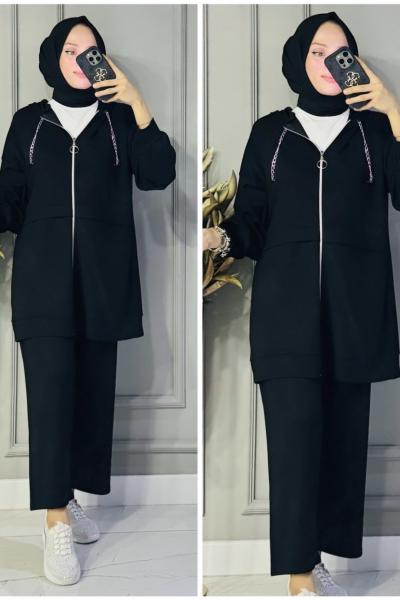 Leyla zincirli kapşonlu oysho takım Siyah