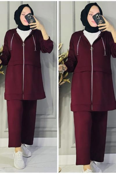 Leyla zincirli kapşonlu oysho takım Bordo