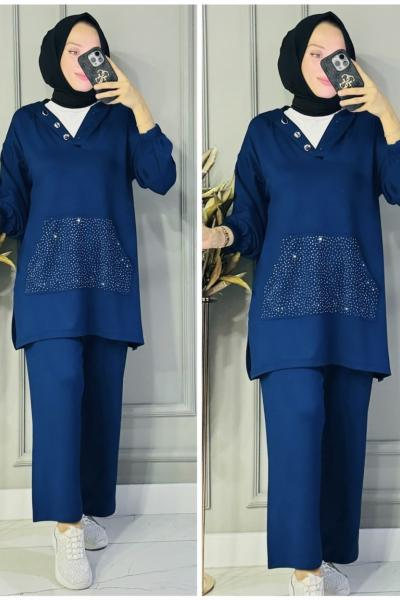 Lale taşlı oysho kumaş takım  Lacivert