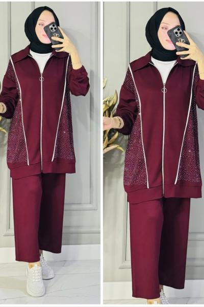 Yağmur taşlı fermuarlı oysho takım Bordo