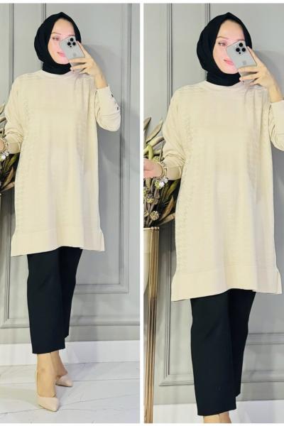 Buket kazayağı desen triko tunik Ekru