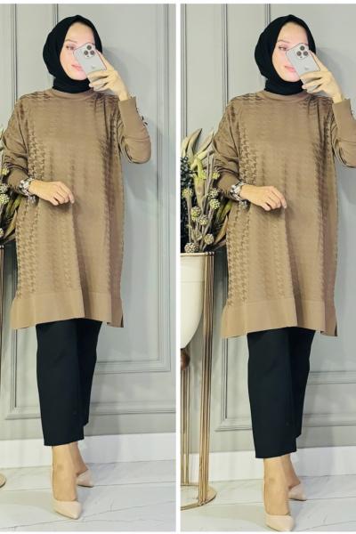 Buket kazayağı desen triko tunik Vizon