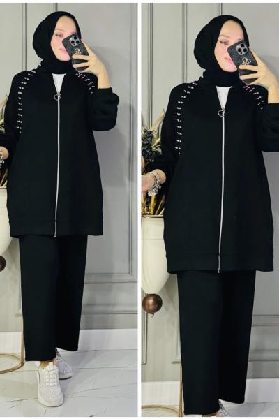 Burcu omuzları taşlı takım  Siyah