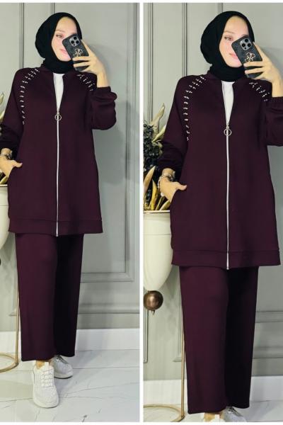 Burcu omuzları taşlı takım  Bordo