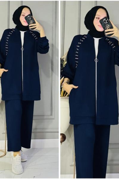 Burcu omuzları taşlı takım  Lacivert