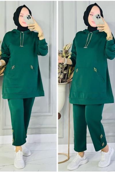 Gold zincirli iki iplik takım Zümrüt