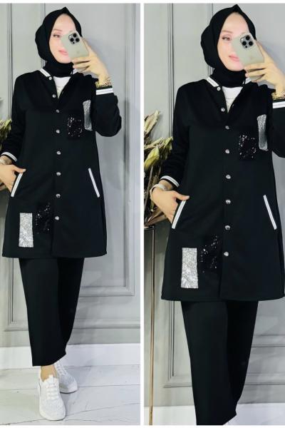 Pul payet işlemeli ikili takım Siyah