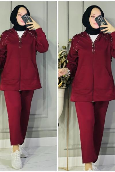 Merve droplu takım Bordo