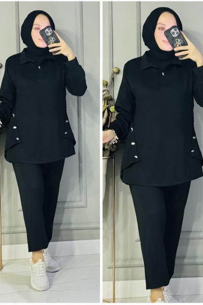 Derya Polo yaka iki iplik takım Siyah