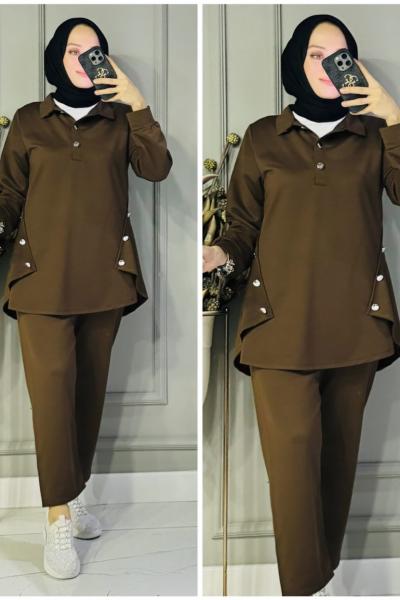 Derya Polo yaka iki iplik takım Kahverengi