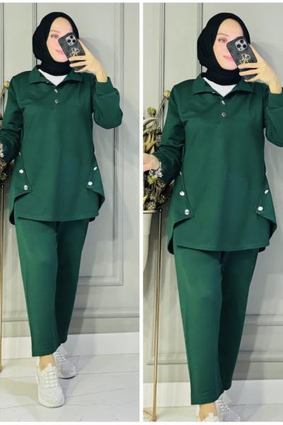 Derya Polo yaka iki iplik takım Zümrüt