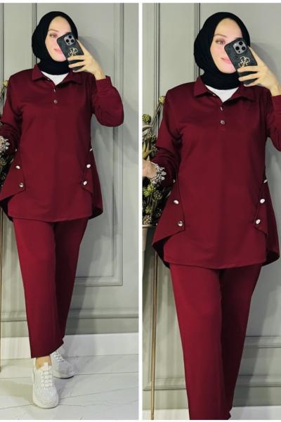 Derya Polo yaka iki iplik takım Bordo