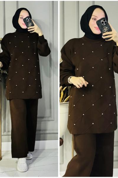 Müge taşlı triko takım Kahverengi