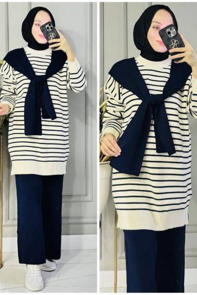 Efsun çizgili atkılı takım Lacivert