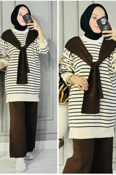 Efsun çizgili atkılı takım Kahverengi