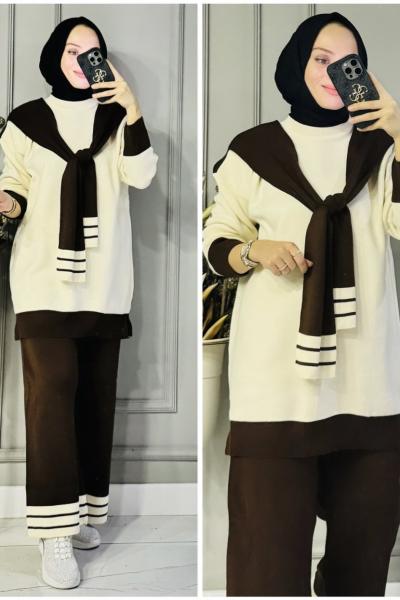 Eda atkılı triko takım Kahverengi