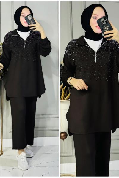 Ferda yarım fermuarlı taşlı oysho takım Acı Kahve