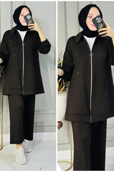 Damla fermuarlı taşlı oysho takım Acı Kahve